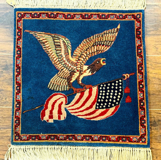 Pictorial Rug of American Flag with Bald Eagle, Small Indo Persian Pictorial Rug, Blue, Handmade, Very Fine 330 KPSI
