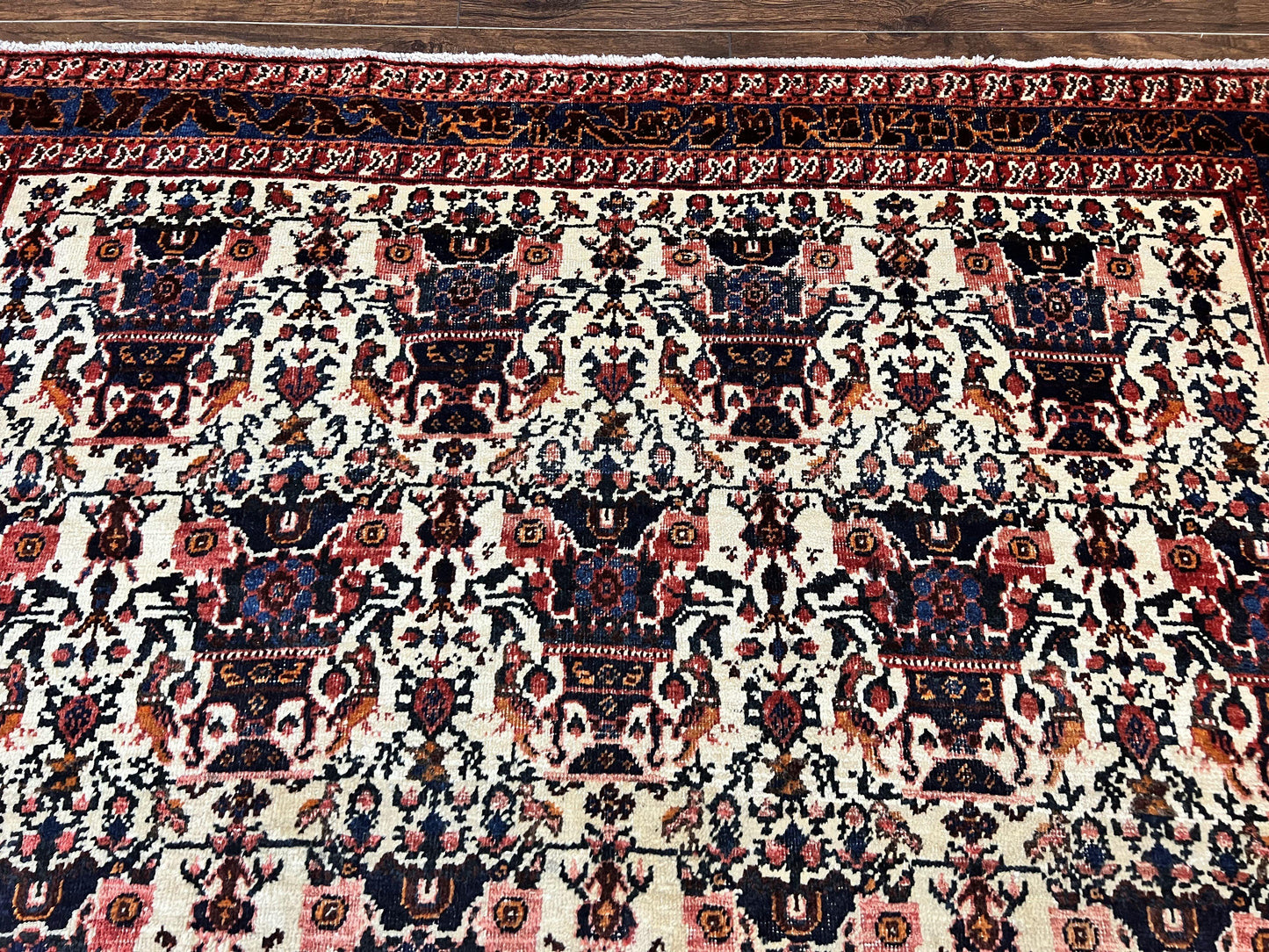 Persian Afshar Rug 6x8, Wool Hand Knotted Semi Antique Vintage Carpet, Floral Allover, Repeated Birds Flowers Vases Motifs
