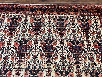 Persian Afshar Rug 6x8, Wool Hand Knotted Semi Antique Vintage Carpet, Floral Allover, Repeated Birds Flowers Vases Motifs