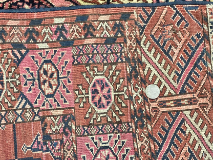 Persian Turkoman Rug 4x6, Wool Hand Knotted Antique Bokhara Carpet, Red Pink, Handmade Tribal Oriental Rug 4 x 6 ft