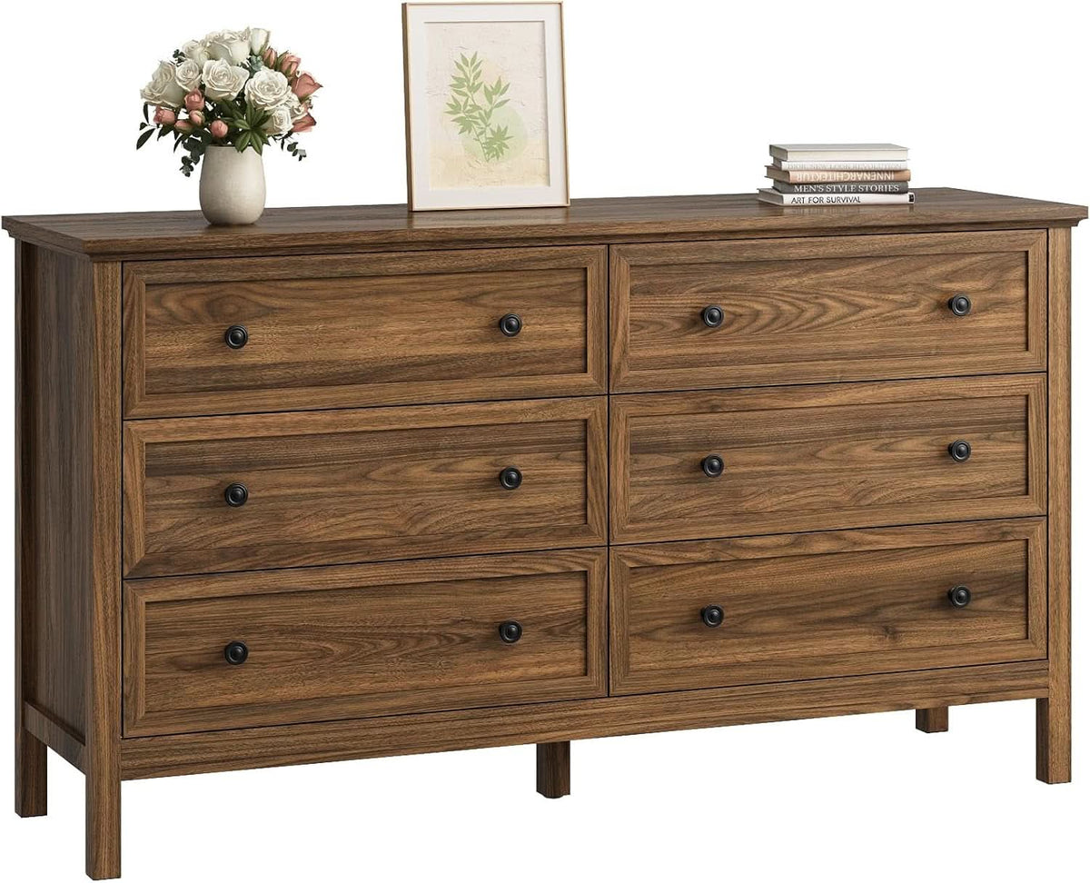 55 Inch Walnut Dresser With Six Drawers For Bedroom