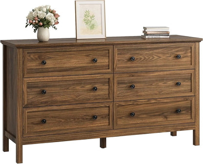 55 Inch Walnut Dresser With Six Drawers For Bedroom