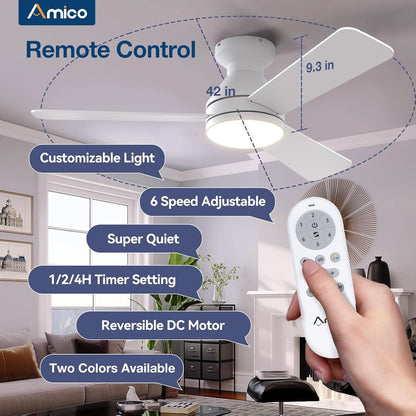 42 Inch White Ceiling Fan With Remote Control And Dimmable Lights