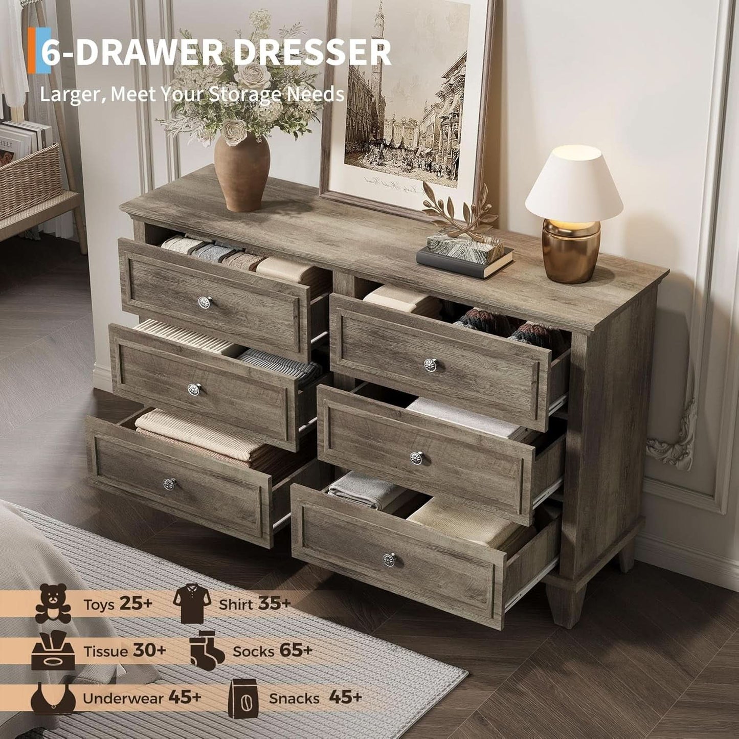 Grey Substantial Six Drawers Dresser With Hardware