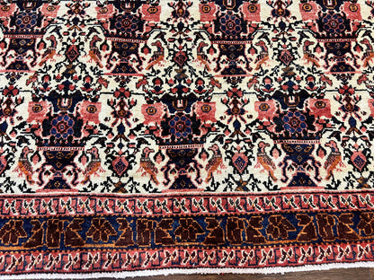 Persian Afshar Rug 6x8, Wool Hand Knotted Semi Antique Vintage Carpet, Floral Allover, Repeated Birds Flowers Vases Motifs