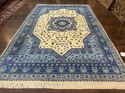 Moroccan Rug 7x10, Geometric Medallion, Blue and Ivory
