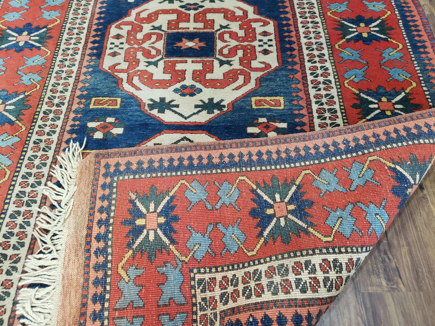 Turkish Kazak Rug 5x6 Vintage Handmade Wool Carpet Geometric Blue Red