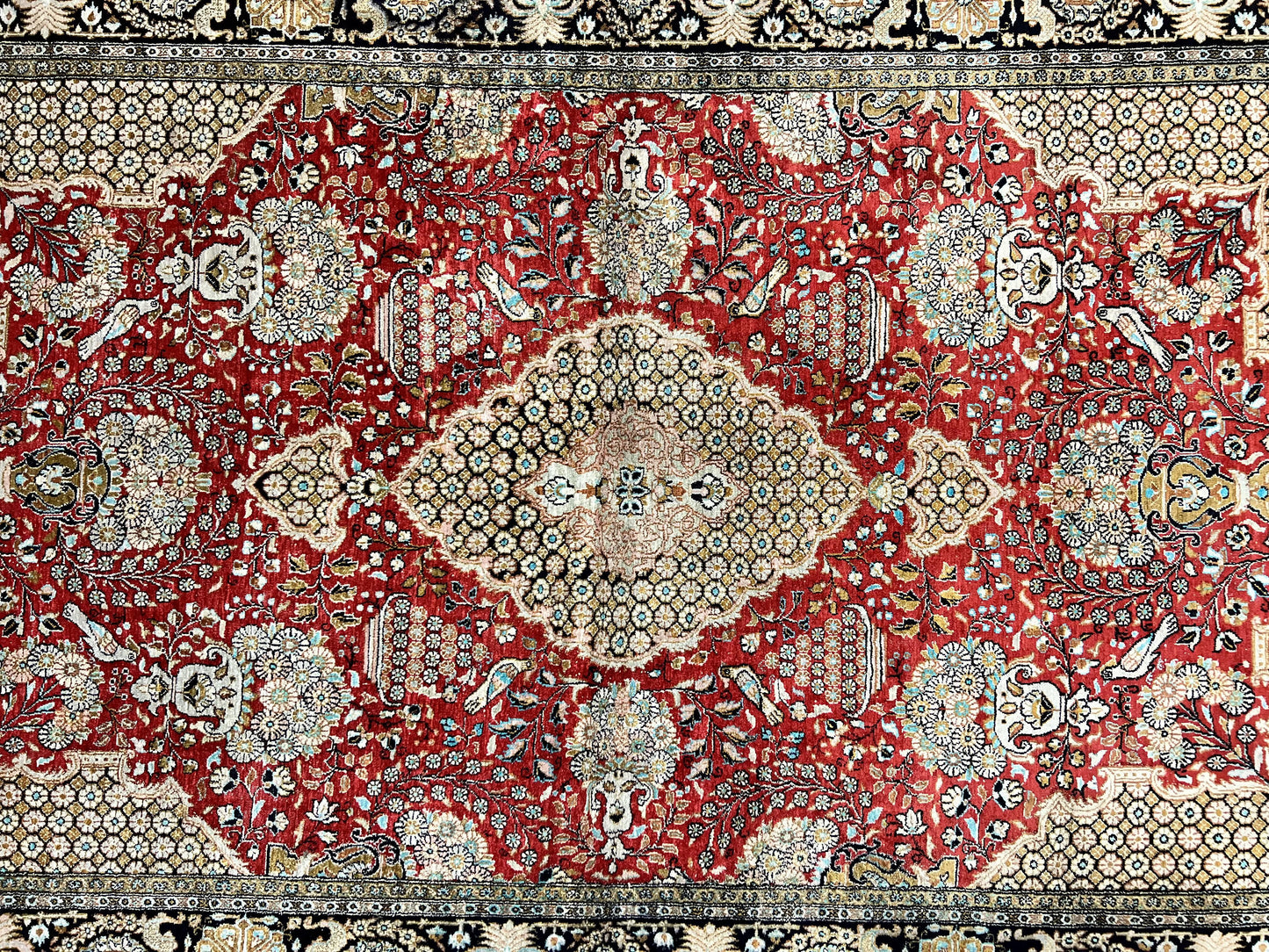 Wonderful Persian Silk Rug 5x7, Birds Floral Vases, Red, Hand Knotted Silk Fine Oriental Carpet, Handmade Vintage, Persian Qum Rug, 400 KPSI