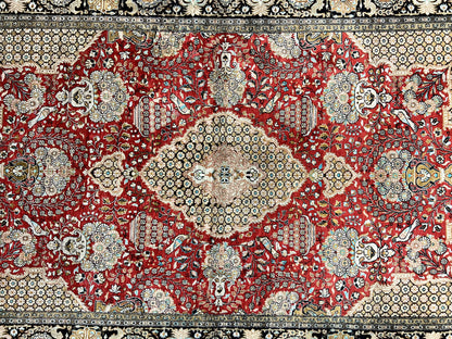 Wonderful Persian Silk Rug 5x7, Birds Floral Vases, Red, Hand Knotted Silk Fine Oriental Carpet, Handmade Vintage, Persian Qum Rug, 400 KPSI