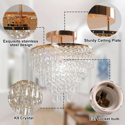 Gold Crystal Flush Mount Chandelier 30cm Ceiling Light