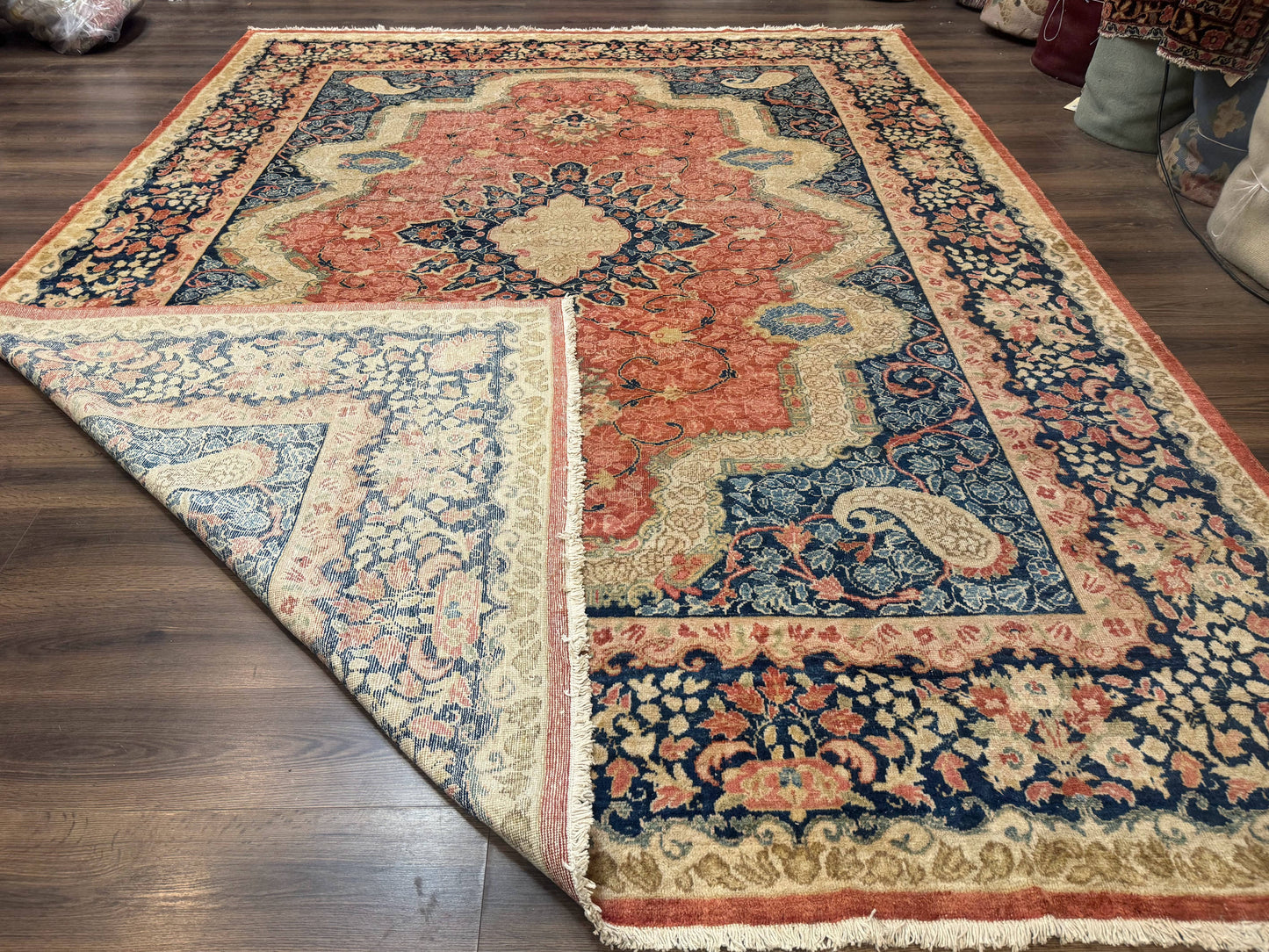 Antique Persian Sarouk Rug 9x12, Boteh Paisleys, Light Red Navy Blue