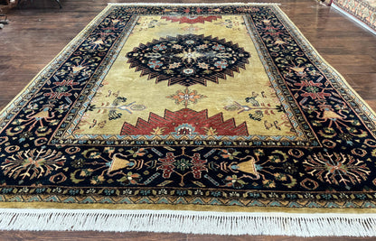 Indo Persian Heriz Rug 8x12, Camel Hair Tan and Navy Blue, Decorative