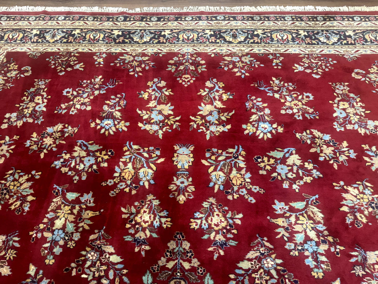Indo Persian Sarouk Rug 10x14, Large Red and Navy Blue Carpet, Traditional Floral Wool Rug