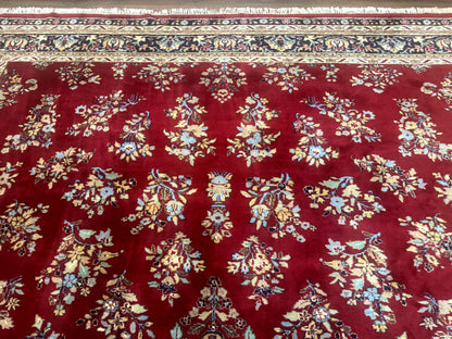 Indo Persian Sarouk Rug 10x14, Large Red and Navy Blue Carpet, Traditional Floral Wool Rug