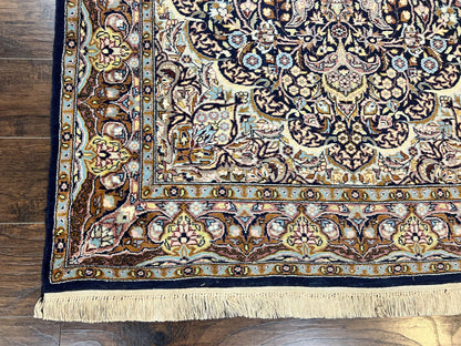 Pak Persian Rug 5x7, Navy Blue Hand Knotted Wool Oriental Carpet 5 x 7 ft, Floral Medallion, Traditional Vintage Pakistani Rug, 225 KPSI