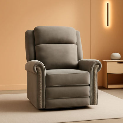Light Brown Velvet Swivel Rocker Recliner Nailhead Trim