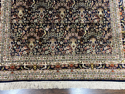 Silk Indian Kashmiri Rug 5x7, Navy Blue Indo Persian Silk Carpet 5 x 7 ft, Hand Knotted Handmade Very Fine Oriental Carpet, 450 KPSI, Birds