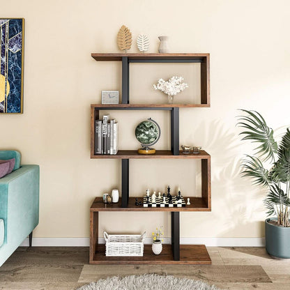 S Shaped 5 Tier Bookshelf Bookcase In Retro Brown Finish