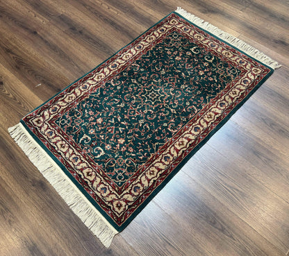 Dark Green Indo Persian Rug 2.5 x 4, Hand Knotted Wool Small Oriental Carpet