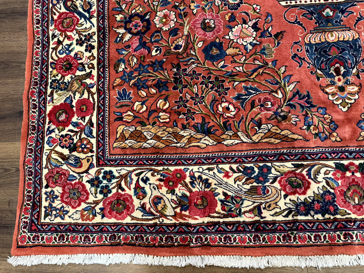 Persian Sarouk Rug 7x10, Red and Ivory, Floral Bouquets, Birds