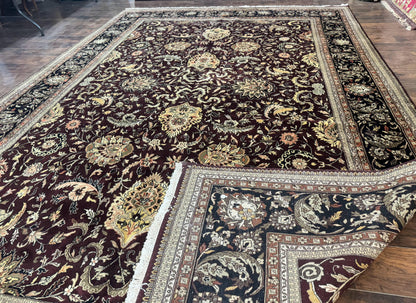Indo Persian Rug 10x14, Floral Allover, Handmade Vintage Wool Rug, Dark Maroon/Plum and Black