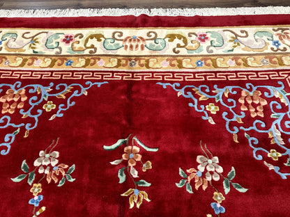 Indo Chinese Wool Rug 9x12, Red Art Deco Carpet, Vintage