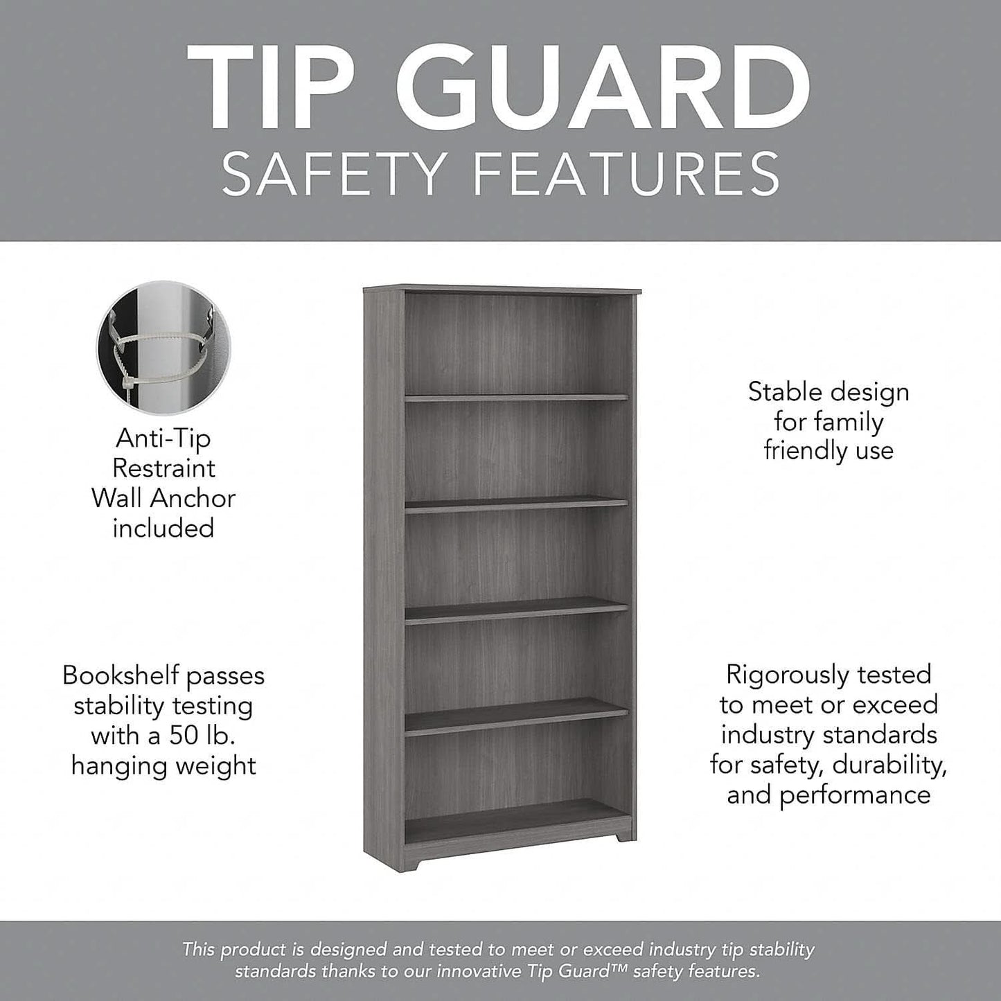 Bush Furniture Cabot Tall 5 Shelf Bookcase Modern Gray