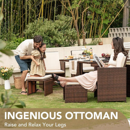 9 Piece Outdoor Patio Dining Set Rattan Chairs With Glass Table Beige Cushioned