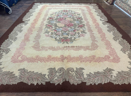 American Hand Hooked Rug 9x12, Vintage Aubusson Carpet, Wool