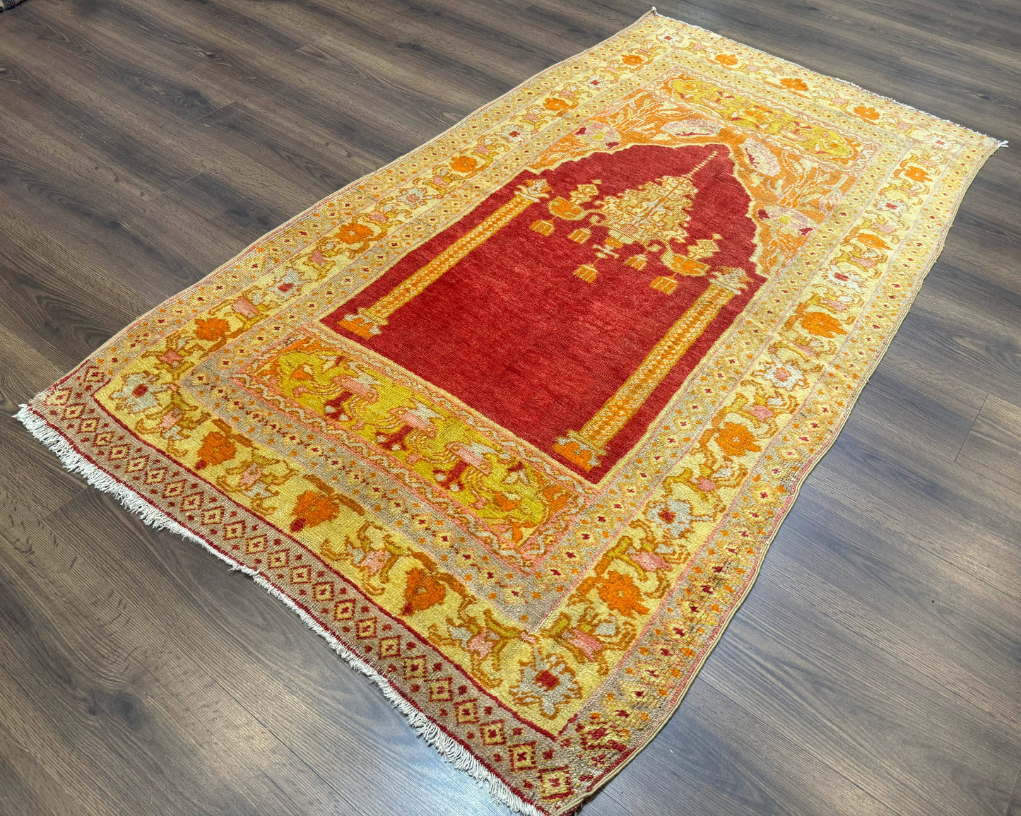 Antique Turkish Prayer Rug 4x6, Red and Golden Mustard, Mihrab Design, Anatolian Carpet