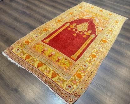 Antique Turkish Prayer Rug 4x6, Red and Golden Mustard, Mihrab Design, Anatolian Carpet