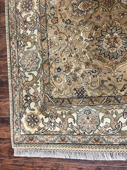 Indo Mahal Rug 8x10, Indian Jaipur Rug 8 x 10 ft, Wool Indo Persian Carpet, Handmade Traditional Floral Area Rug, Olive Green, Vintage Rug