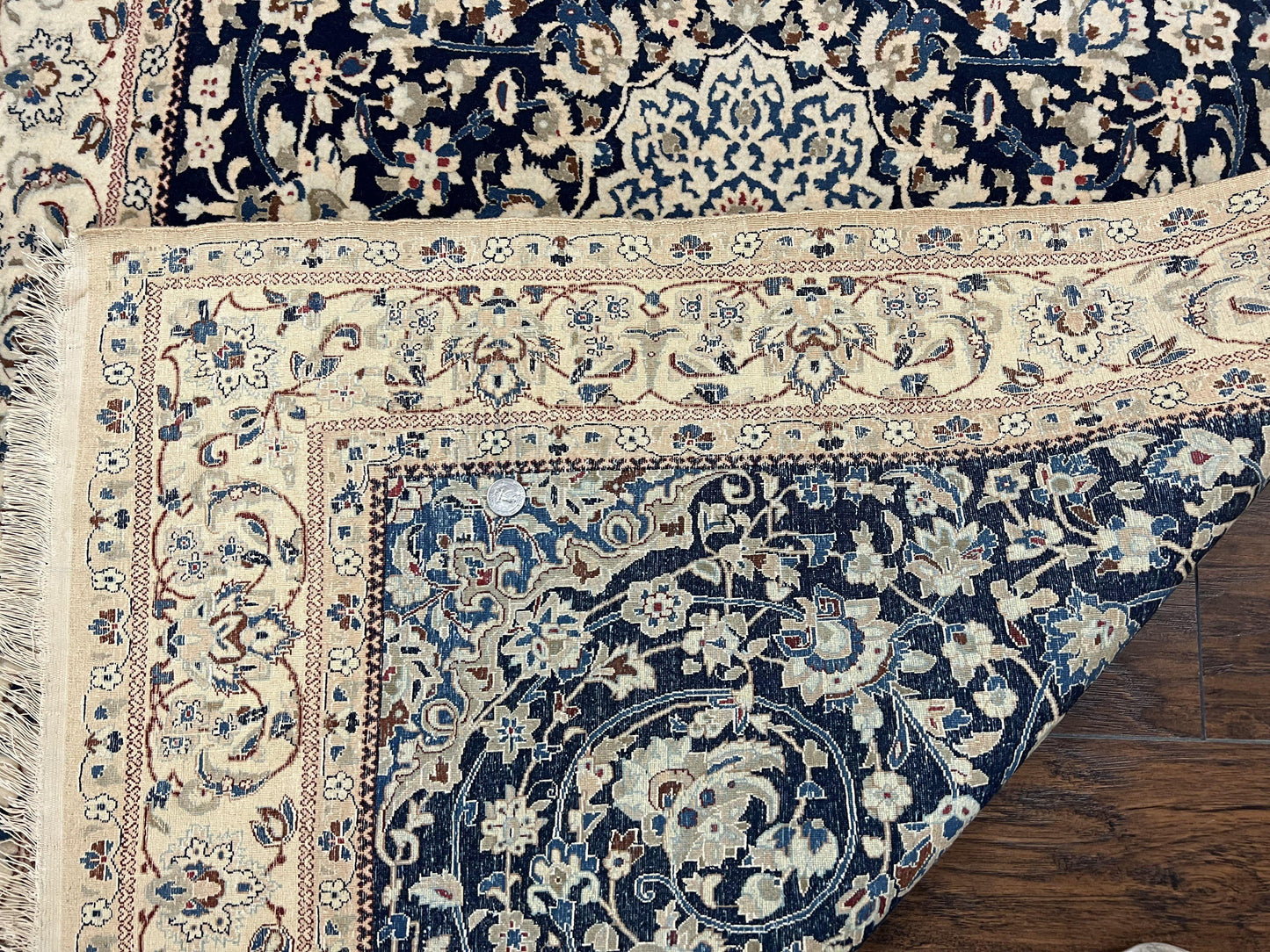 Very Fine Persian Nain Rug 3.7 x 6, Floral Medallion, Wool and Silk Accents, Highly Detailed, Hand Knotted Oriental Carpet, Navy Blue Ivory/Cream