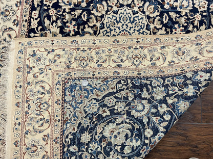 Very Fine Persian Nain Rug 3.7 x 6, Floral Medallion, Wool and Silk Accents, Highly Detailed, Hand Knotted Oriental Carpet, Navy Blue Ivory/Cream
