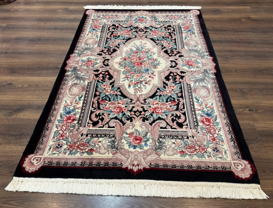 Aubusson Rug 4x6, Elegant European Floral Design, Black and Ivory, Fine 200 KPSI