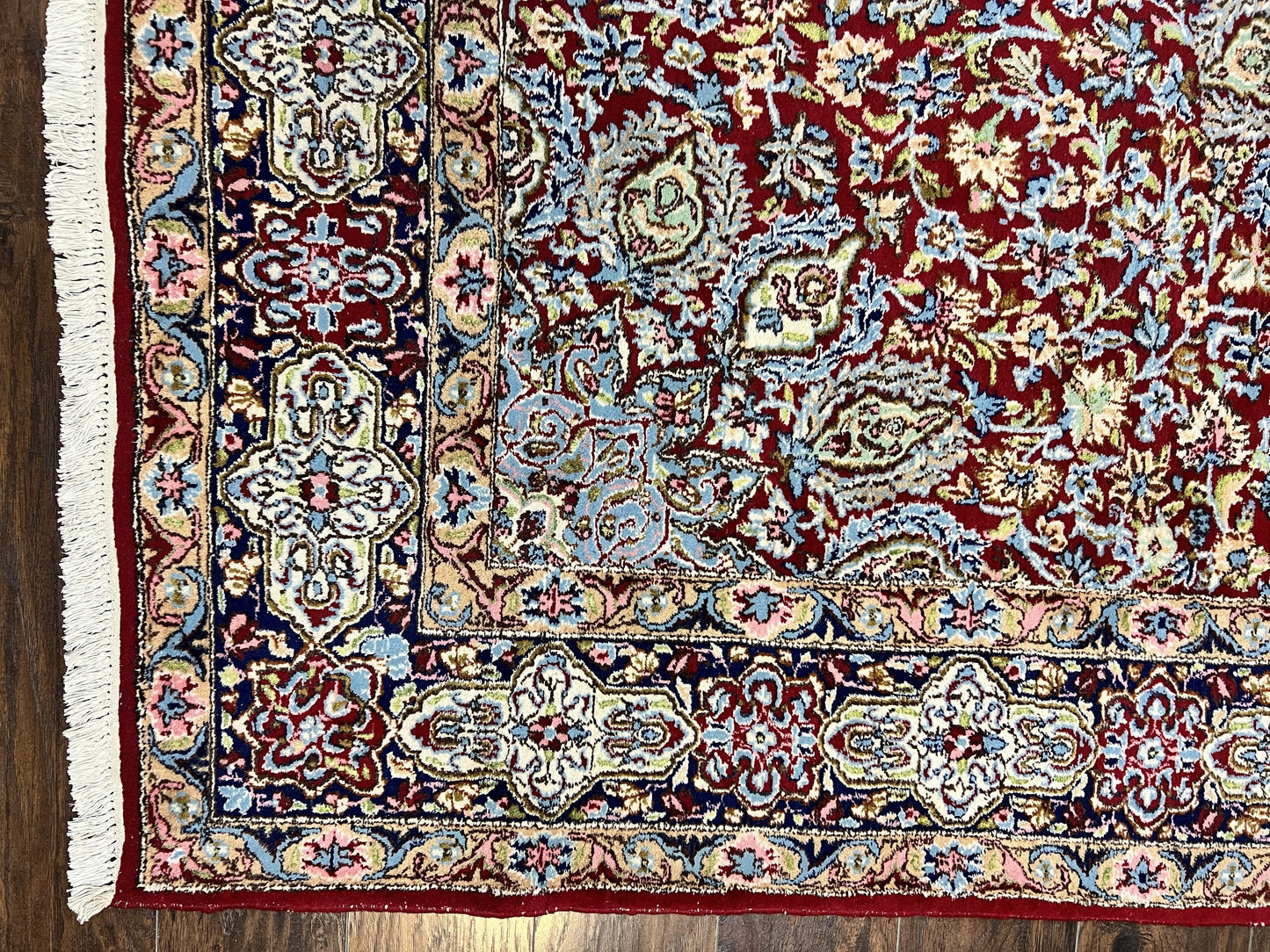 Persian Rug 7x10, Kirman Oriental Carpet 7 x 10 ft, Hand Knotted Wool Floral Medallion Semi Antique Persian Rug, Dark Red Light Blue Vintage