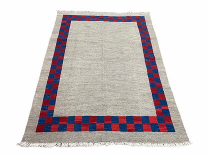 5' 7" x 7' 9" Geometric Kilim Carpet, Gray, Handmade, Hand-Knotted Area Rug, Blue & Red, Flatweave, Wool, New, Checkerboard Pattern