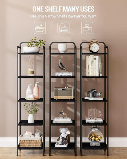 Black 5 Tier Narrow Bookcase Corner Shelf Organizer Industrial Design