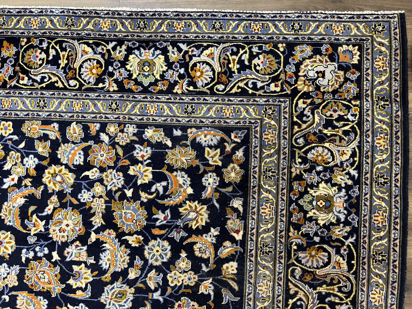 Wonderful Navy Blue Persian Kashan Rug 11x13, Allover Floral Design with Central Medallion, Wool Hand-Knotted Antique Carpet, Signed Rabani Rug