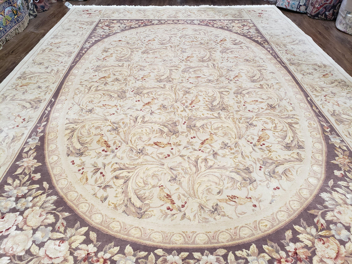 Chinese Aubusson Savonnerie Area Rug 8x12, Vintage 120 Line Carpet, Wool and Silk Hand-Knotted, Birds Flowers Master Weaver Signature