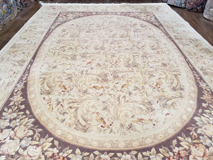 Chinese Aubusson Savonnerie Area Rug 8x12, Vintage 120 Line Carpet, Wool and Silk Hand-Knotted, Birds Flowers Master Weaver Signature
