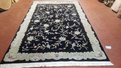 6x9 Vintage Black Gray Chinese Rug 120 Lines Wool Carpet Floral Design Hand-Knotted Soft Pile Entryway Rug Foyer Rug Nice