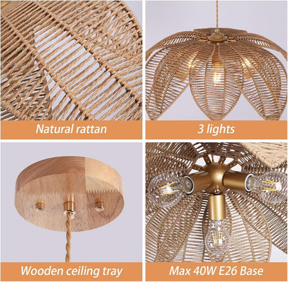 Handwoven Rattan Chandelier 24 Inch Pendant Light Fixture