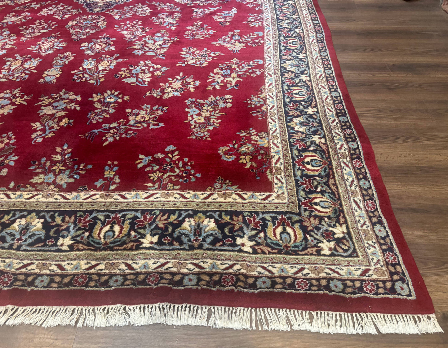 Indo Persian Sarouk Rug 10x14, Large Red and Navy Blue Carpet, Traditional Floral Wool Rug