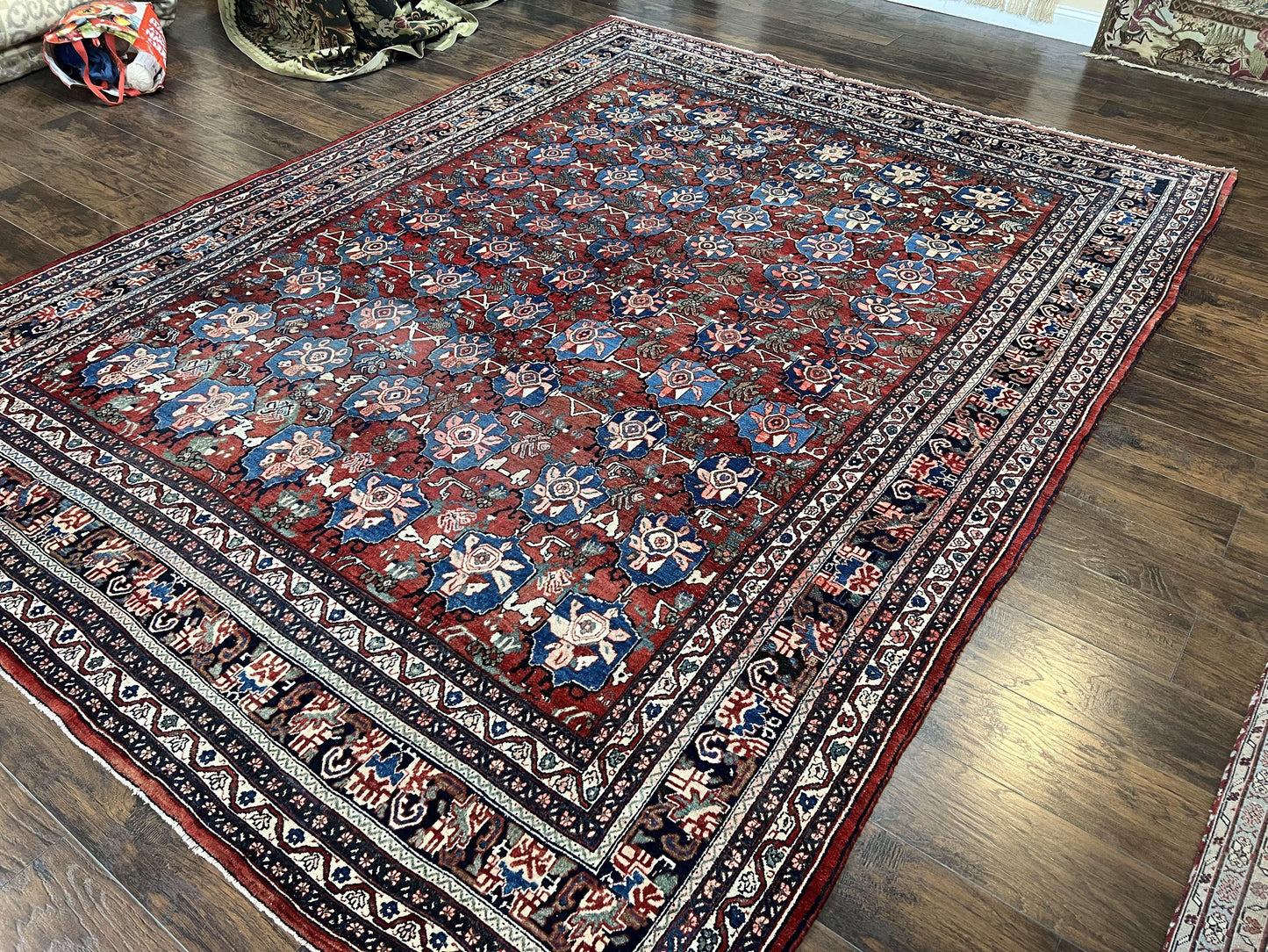 Antique Persian Bijar Rug 9x12 - Allover Motif, Red & Blue