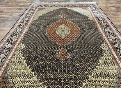 Persian Tabriz Rug 7x10, Very Fine 330 KPSI 50 Raj, Black and Beige, Handmade Wool Vintage Persian Carpet