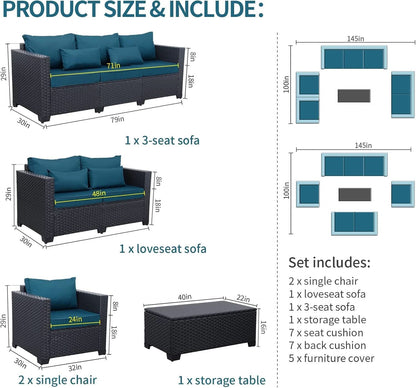 Peacock Blue 5 Piece Patio Furniture Set With Anti Slip Cushions And Covers
