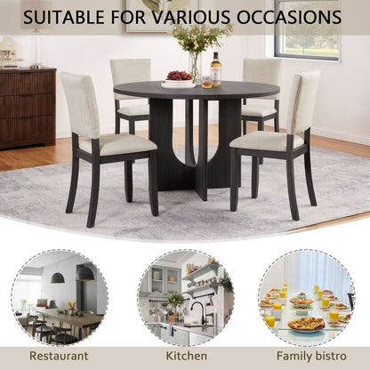 Round Dining Set With 47 Inch Table And Beige Upholstered Chairs