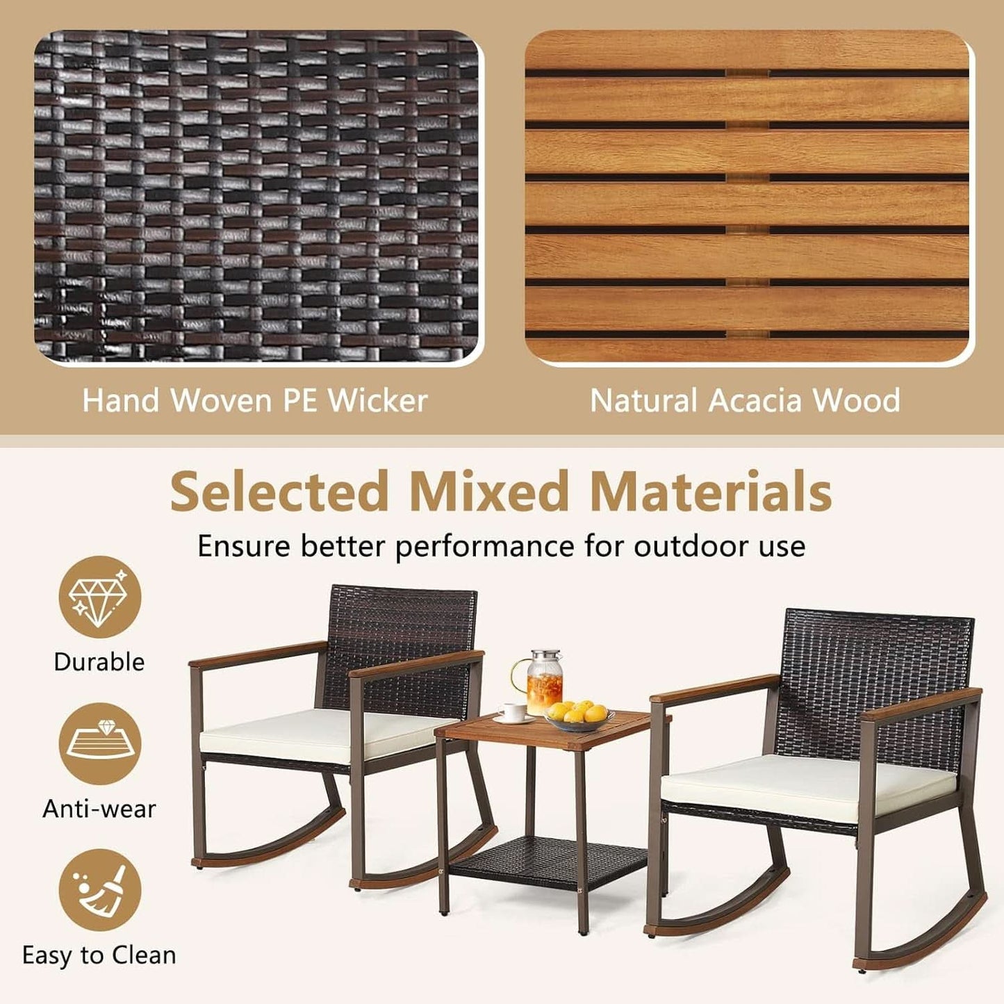 Three Piece Rocking Bistro Set With Cushions And Coffee Table For Outdoor Rattan Patio Off White