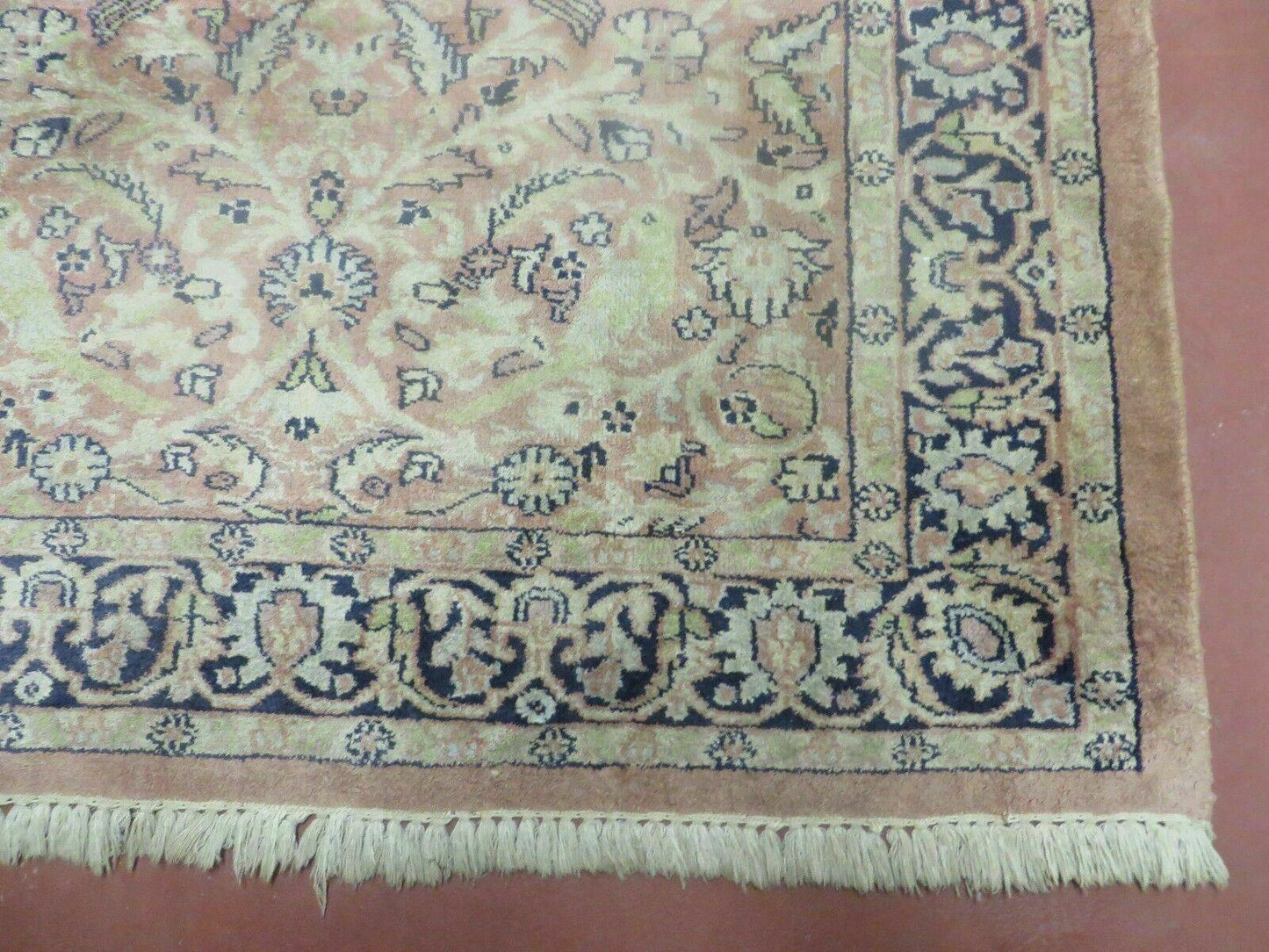 Indian Silk Rug 4x6, Indian Kashmiri Silk Carpet 4 x 6 ft, Vintage Hand Knotted Floral Bird Motifs, Light Pink and Navy Blue, Silk on Cotton